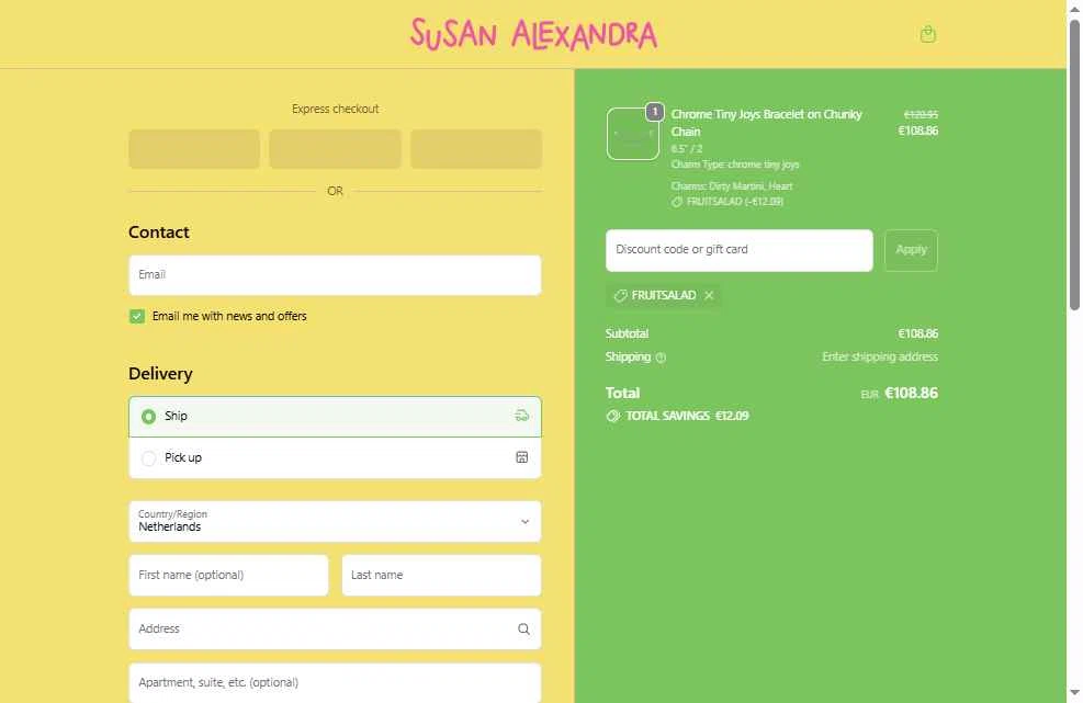 Susan Alexandra checkout page showing Susan Alexandra discount code box | Screenshot taken by SimplyCodes community member on Dec 4, 2025