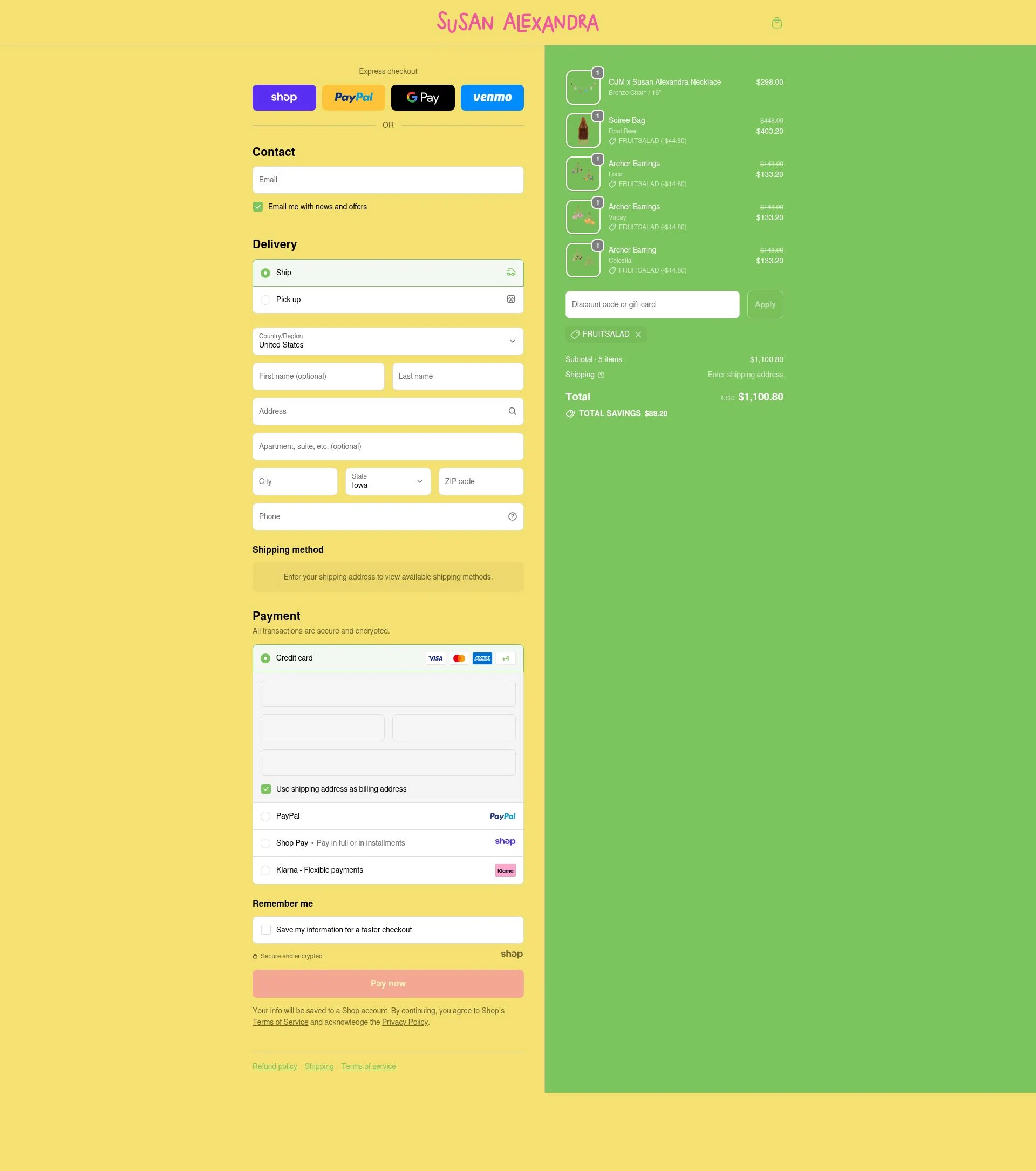 Susan Alexandra checkout page showing Susan Alexandra discount code box | Screenshot taken by SimplyCodes community member on Dec 13, 2025