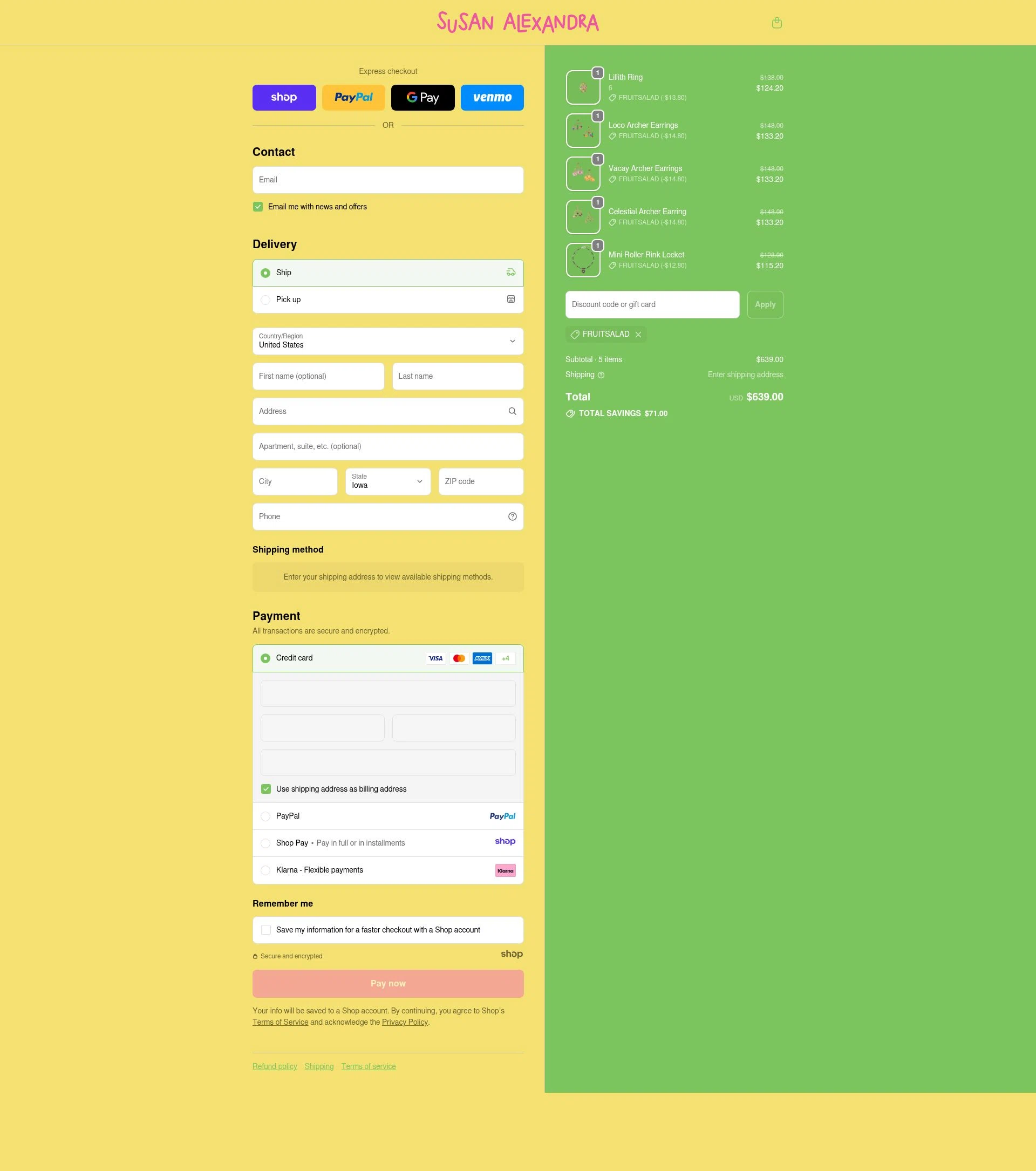 Susan Alexandra checkout page showing Susan Alexandra discount code box | Screenshot taken by SimplyCodes community member on Dec 7, 2025