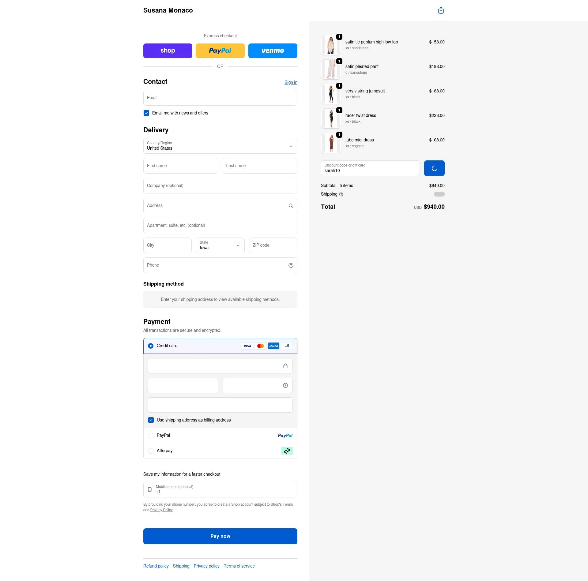 Susana Monaco checkout page showing Susana Monaco discount code box | Screenshot taken by SimplyCodes community member on Feb 5, 2026