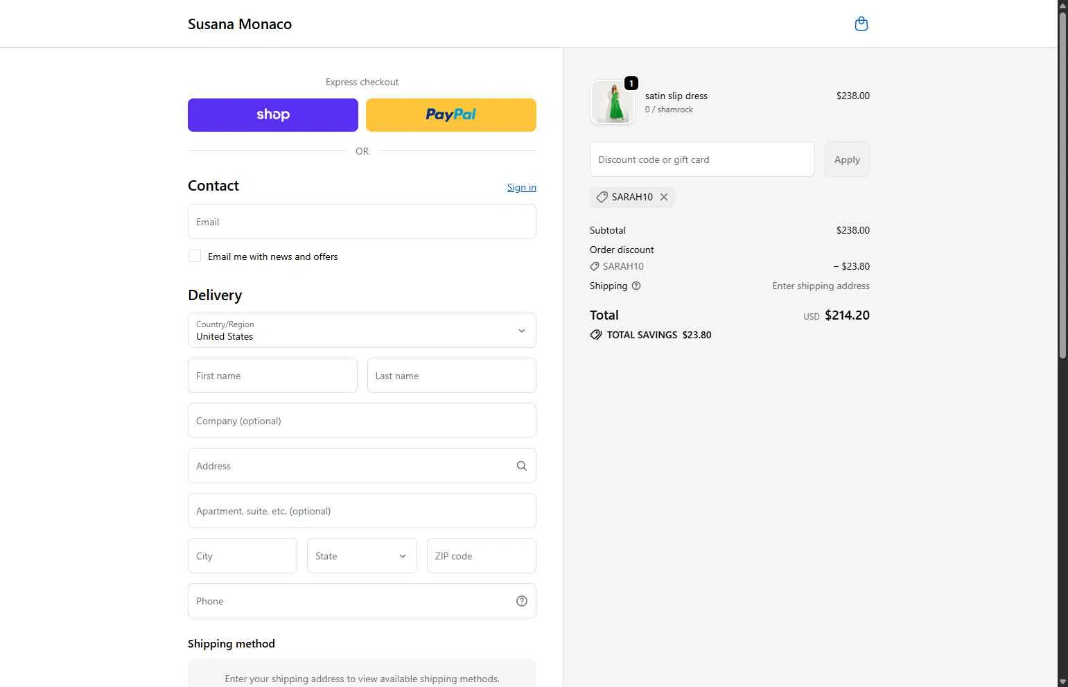 Susana Monaco checkout page showing Susana Monaco discount code box | Screenshot taken by SimplyCodes community member on Feb 10, 2026