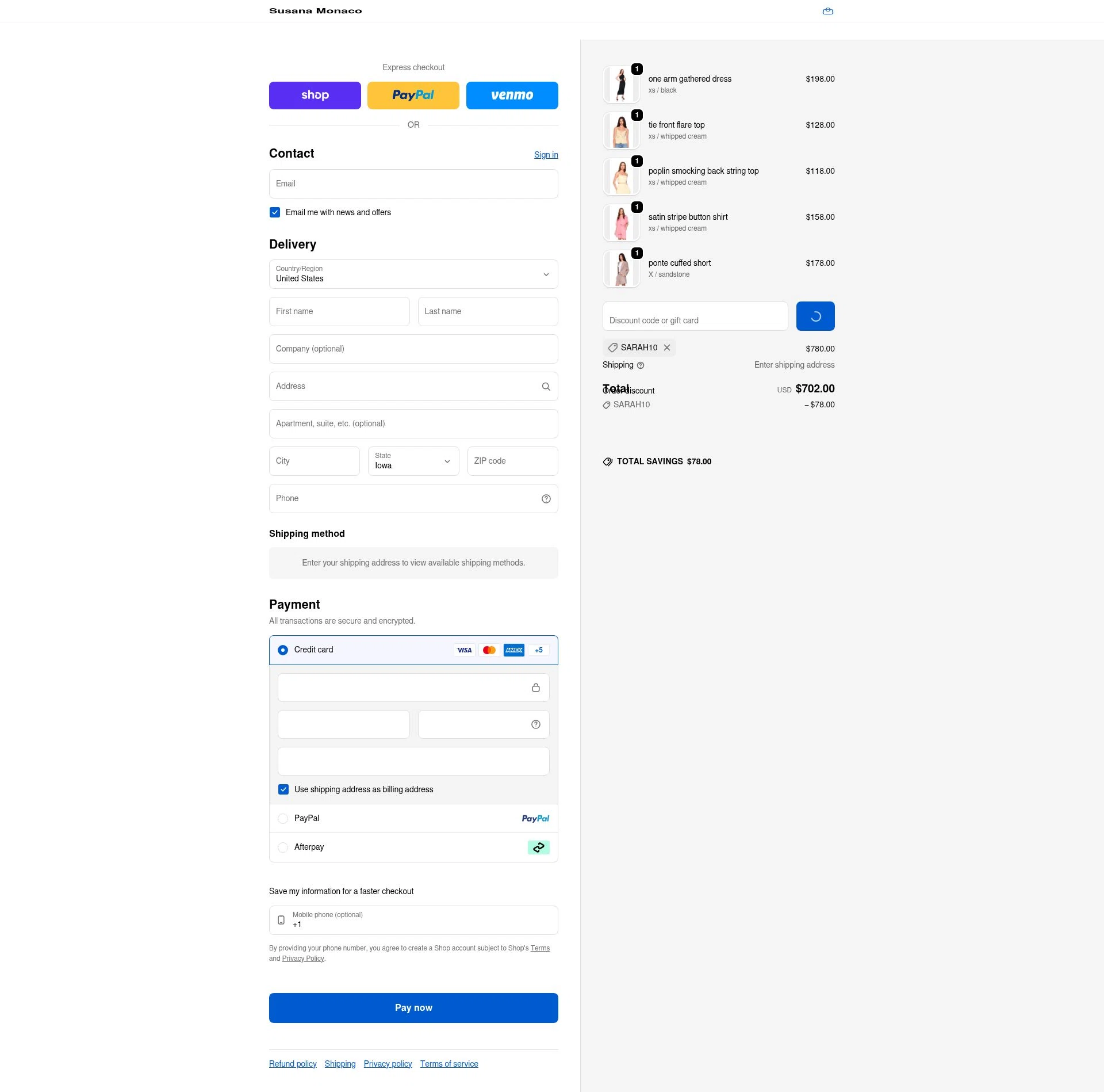 Susana Monaco checkout page showing Susana Monaco discount code box | Screenshot taken by SimplyCodes community member on Feb 14, 2026