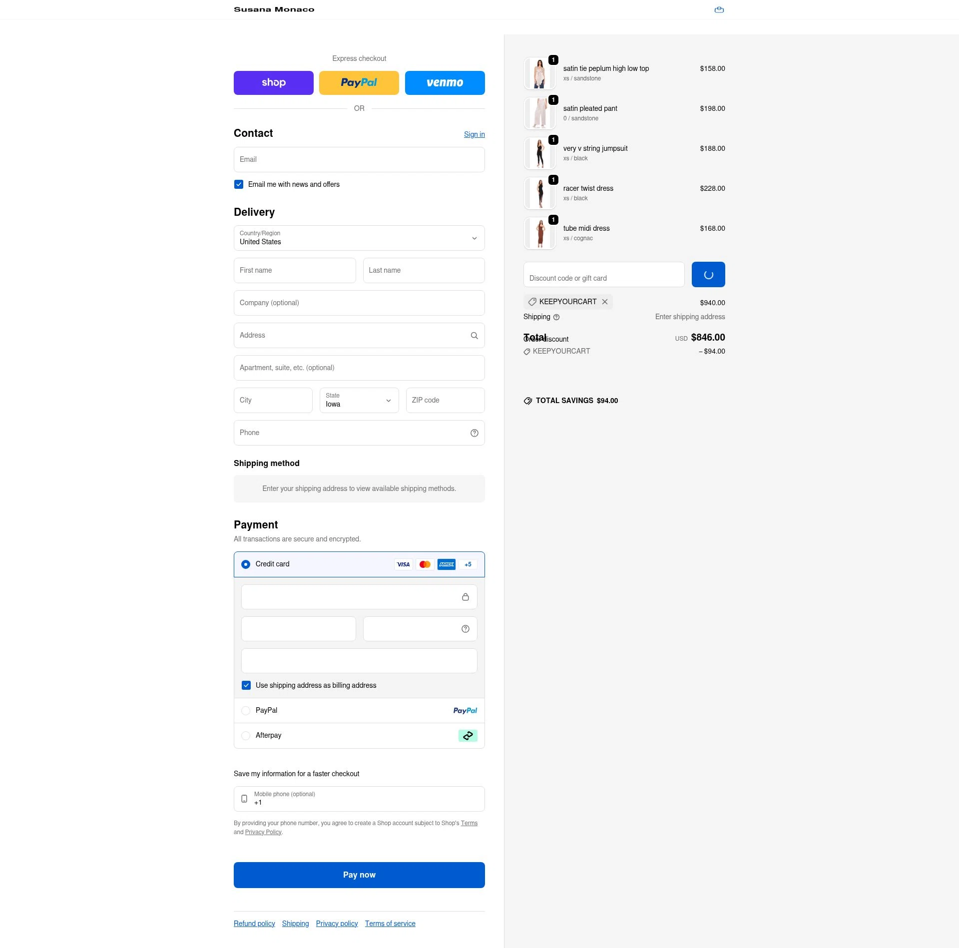 Susana Monaco checkout page showing Susana Monaco discount code box | Screenshot taken by SimplyCodes community member on Feb 5, 2026