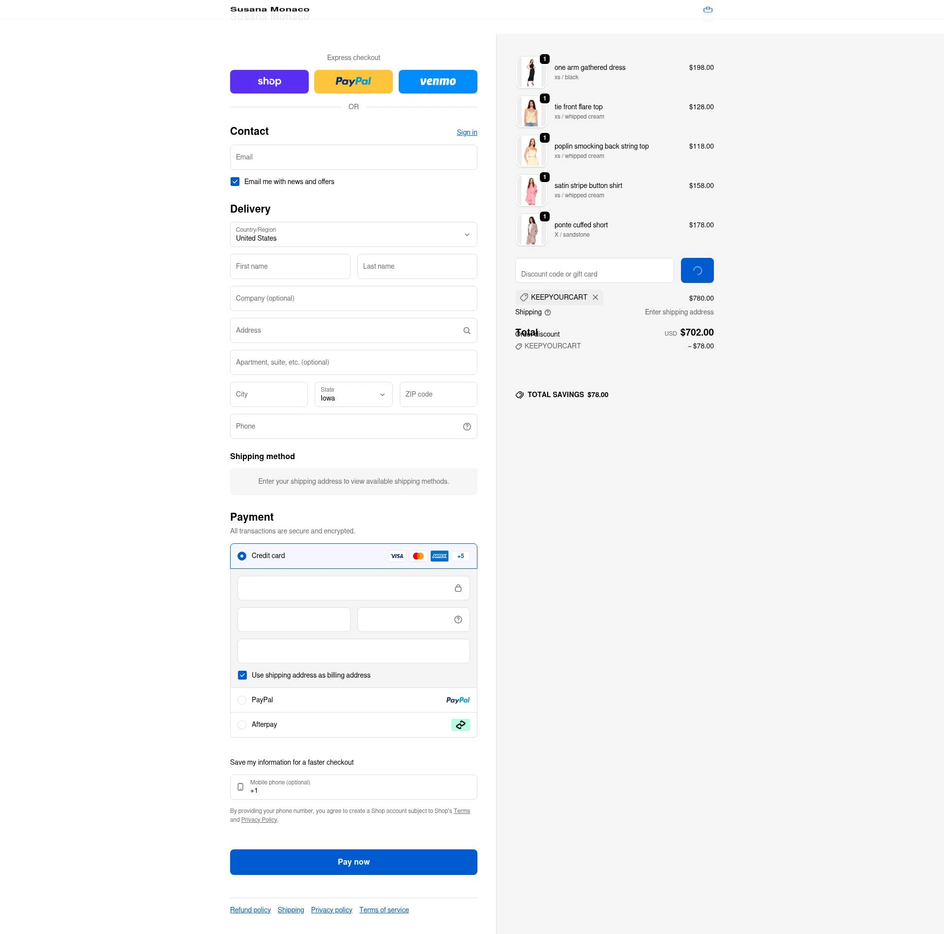 Susana Monaco checkout page showing Susana Monaco discount code box | Screenshot taken by SimplyCodes community member on Feb 10, 2026