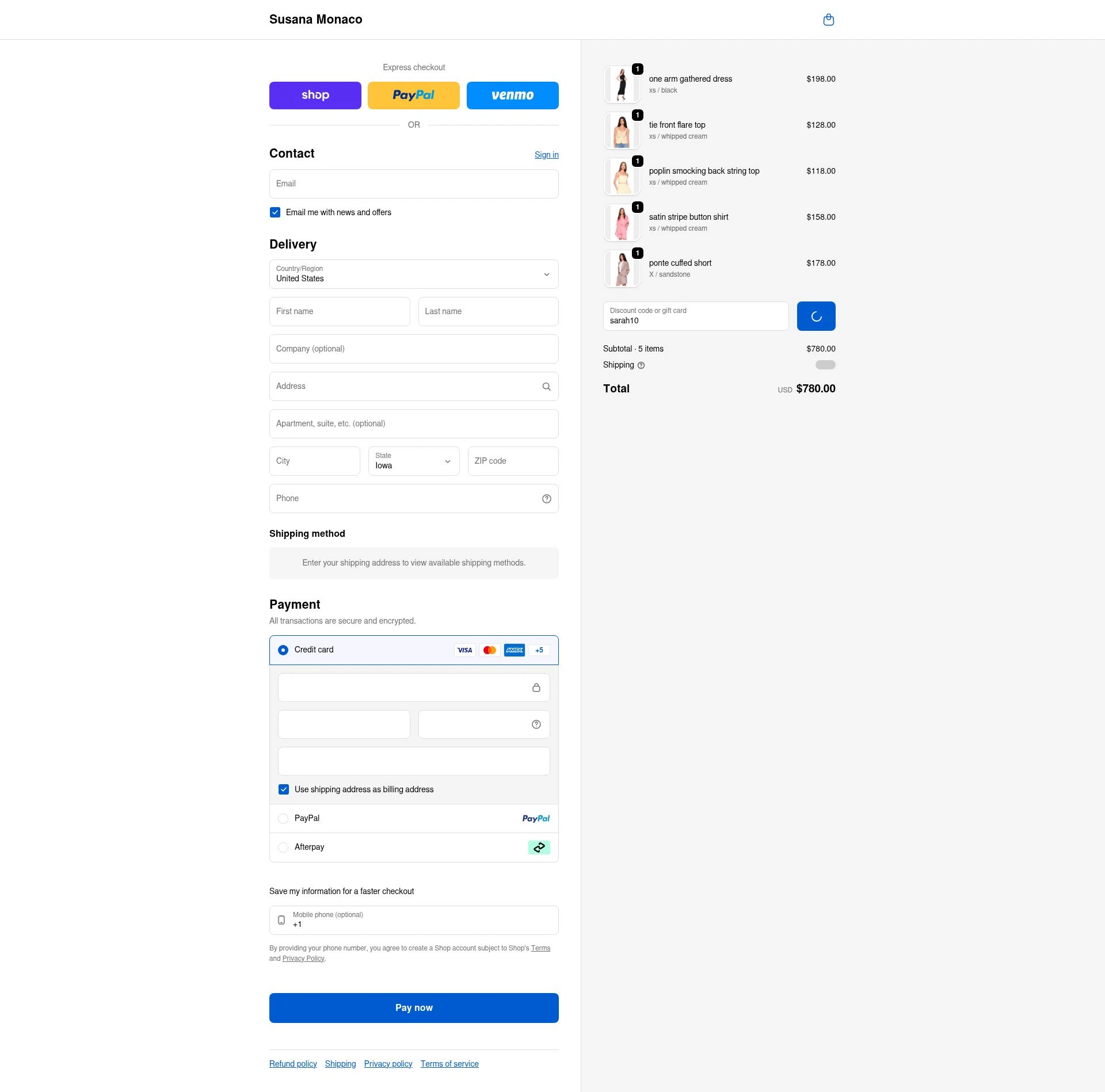 Susana Monaco checkout page showing Susana Monaco discount code box | Screenshot taken by SimplyCodes community member on Feb 10, 2026