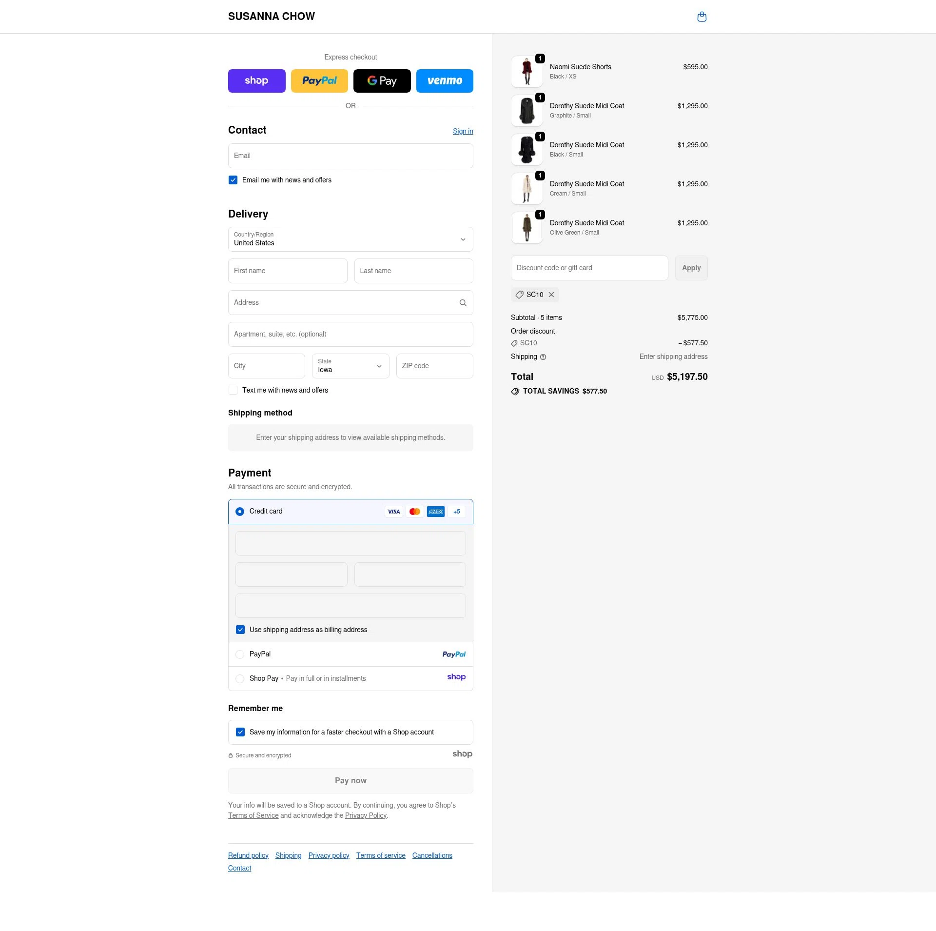 Susanna Chow checkout page showing Susanna Chow promo code box | Screenshot taken by SimplyCodes community member on Nov 9, 2025