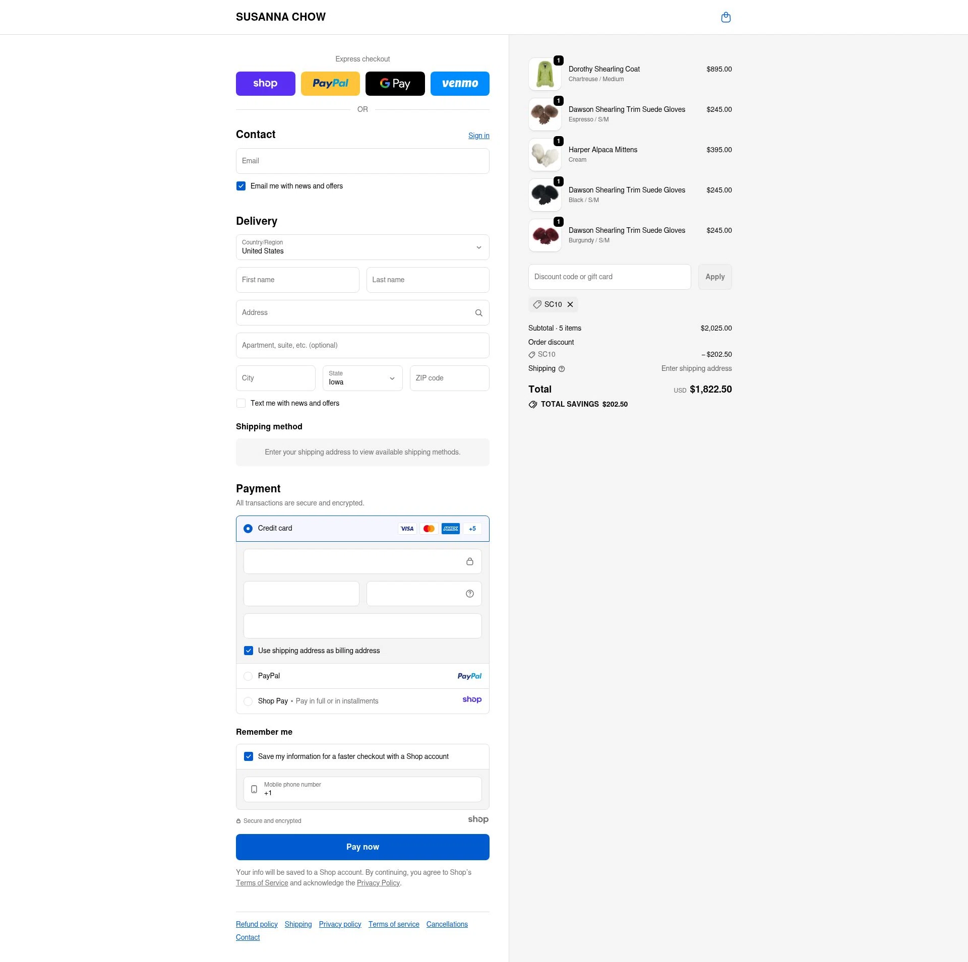 Susanna Chow checkout page showing Susanna Chow promo code box | Screenshot taken by SimplyCodes community member on Nov 14, 2025