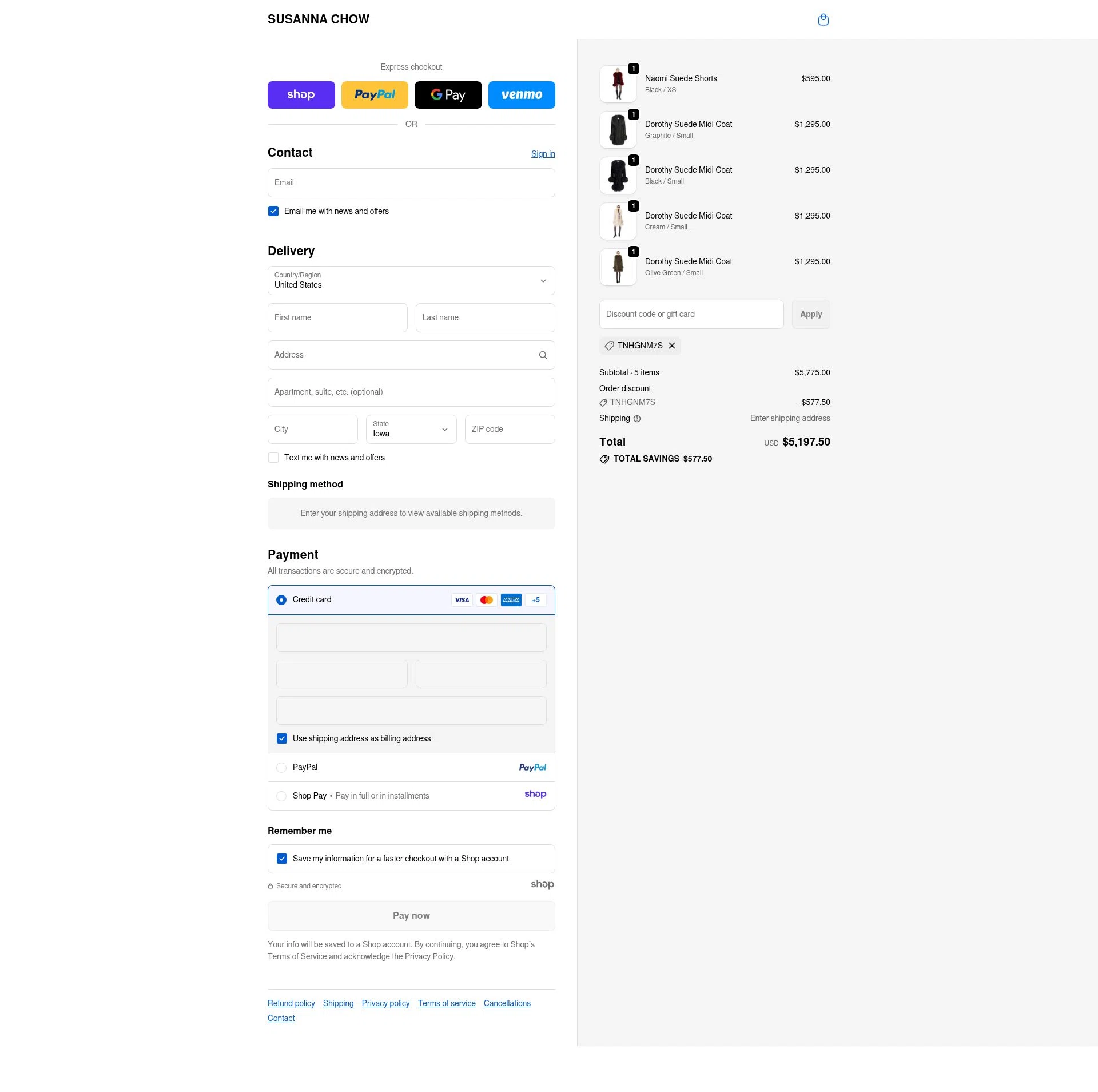 Susanna Chow checkout page showing Susanna Chow promo code box | Screenshot taken by SimplyCodes community member on Nov 9, 2025