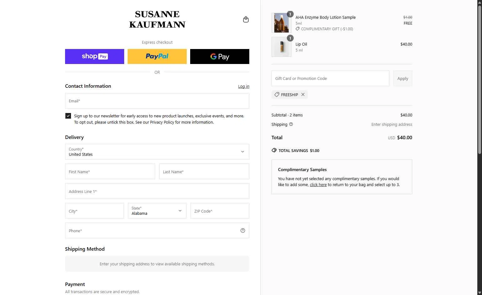 Susanne Kaufmann checkout page showing Susanne Kaufmann promo code box | Screenshot taken by SimplyCodes community member on Jun 20, 2025