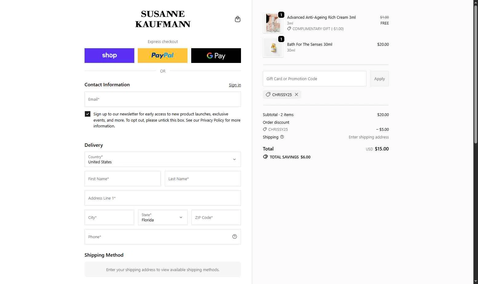 Susanne Kaufmann checkout page showing Susanne Kaufmann promo code box | Screenshot taken by SimplyCodes community member on Nov 20, 2025