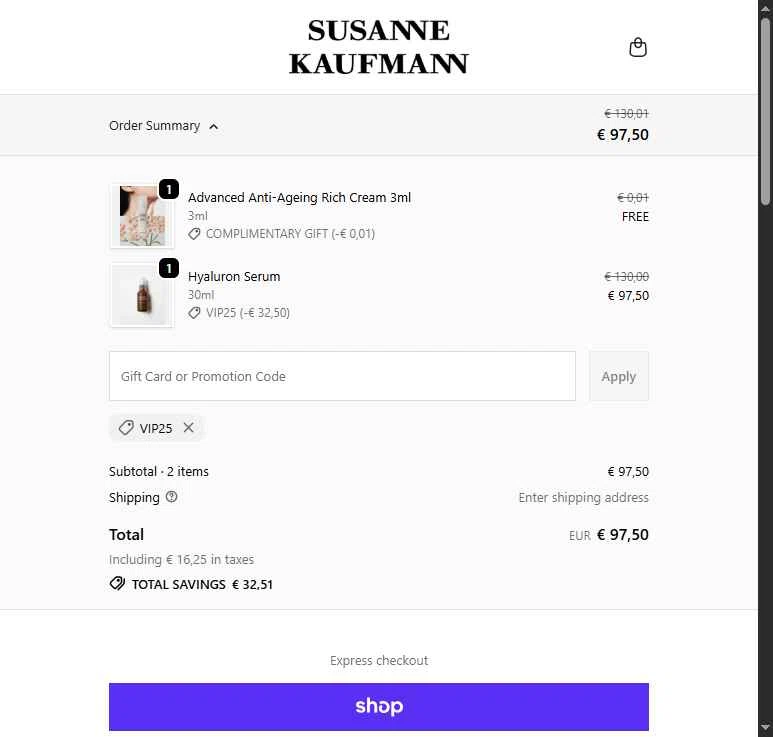 Susanne Kaufmann checkout page showing Susanne Kaufmann promo code box | Screenshot taken by SimplyCodes community member on Nov 20, 2025