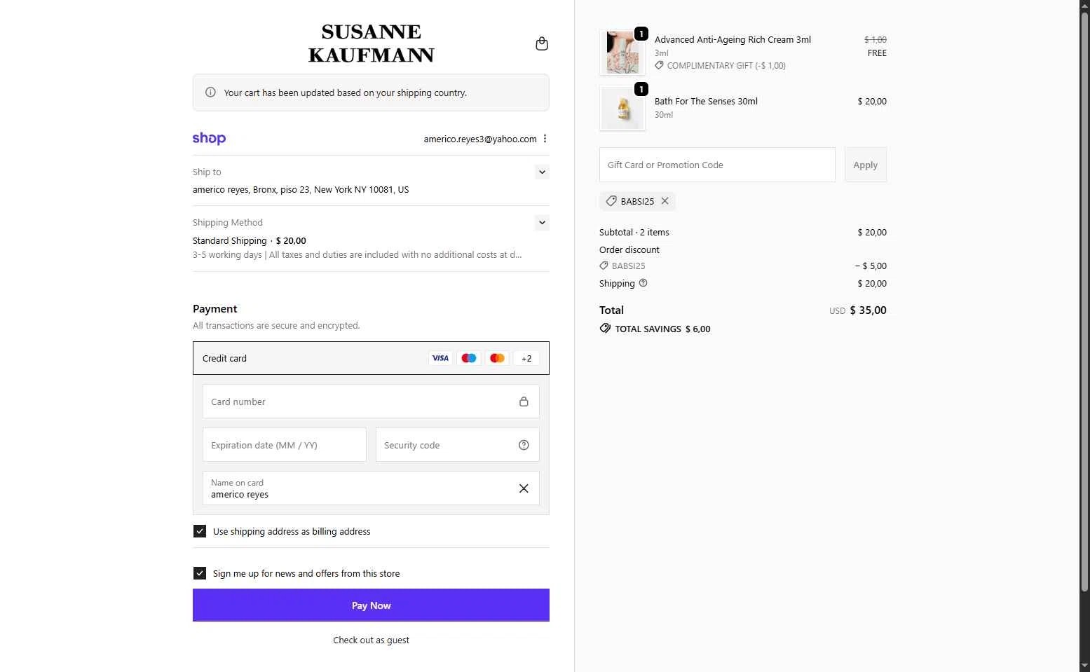 Susanne Kaufmann checkout page showing Susanne Kaufmann promo code box | Screenshot taken by SimplyCodes community member on Nov 20, 2025