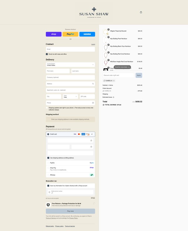 Susan Shaw checkout page showing Susan Shaw discount code box | Screenshot taken by SimplyCodes community member on Sep 2, 2025