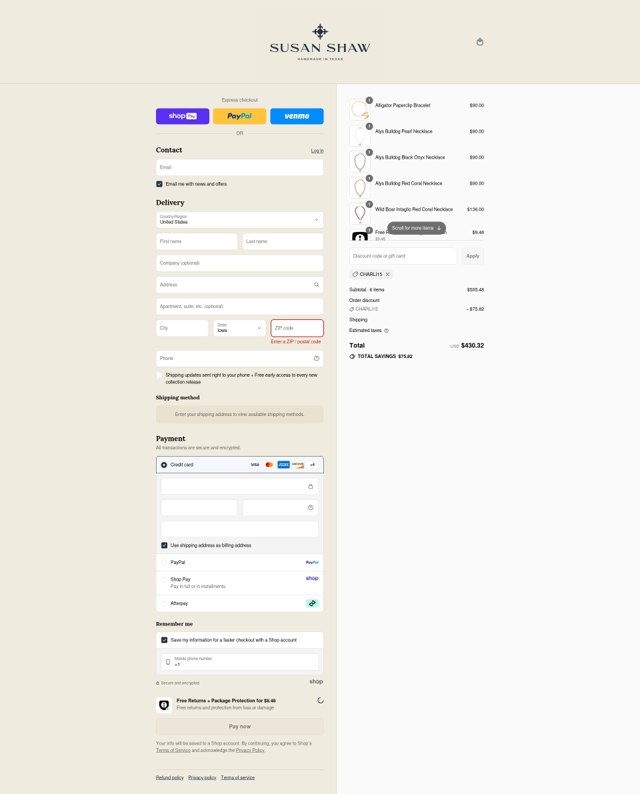 Susan Shaw checkout page showing Susan Shaw discount code box | Screenshot taken by SimplyCodes community member on Aug 25, 2025