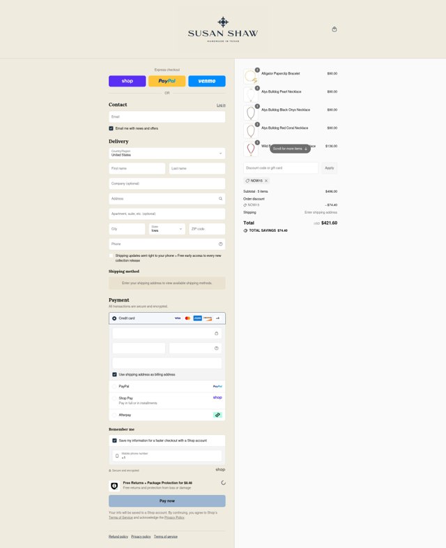 Susan Shaw checkout page showing Susan Shaw discount code box | Screenshot taken by SimplyCodes community member on Sep 2, 2025