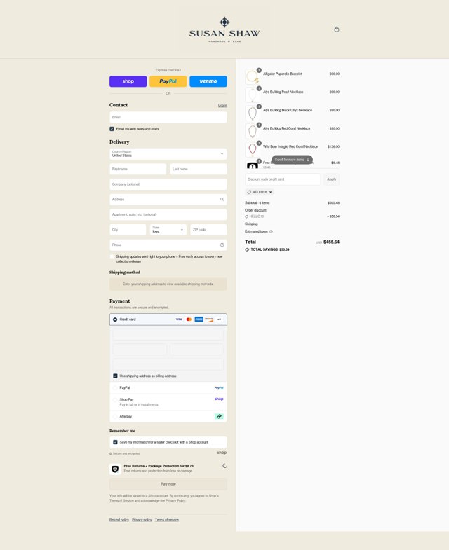 Susan Shaw checkout page showing Susan Shaw discount code box | Screenshot taken by SimplyCodes community member on Sep 2, 2025