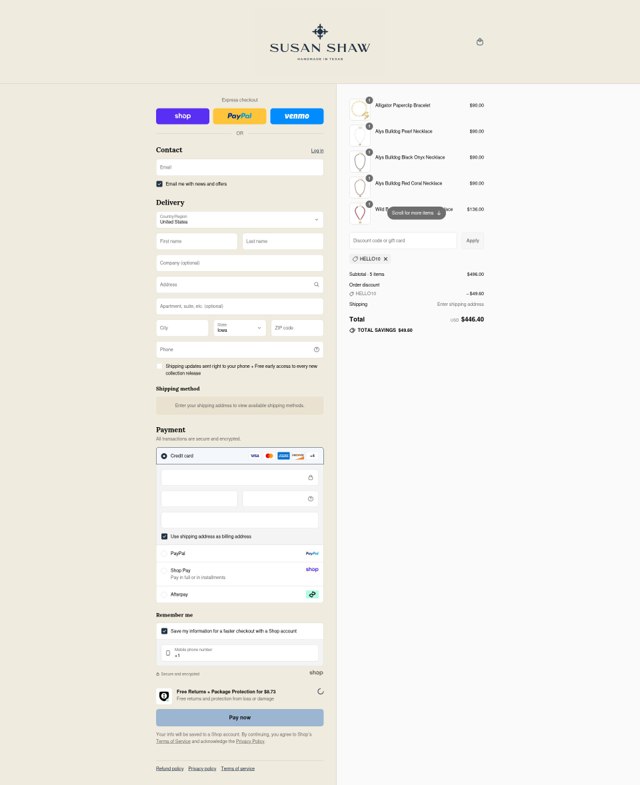 Susan Shaw checkout page showing Susan Shaw discount code box | Screenshot taken by SimplyCodes community member on Aug 29, 2025