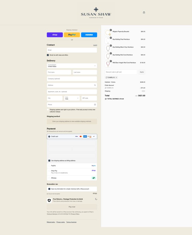 Susan Shaw checkout page showing Susan Shaw discount code box | Screenshot taken by SimplyCodes community member on Aug 29, 2025