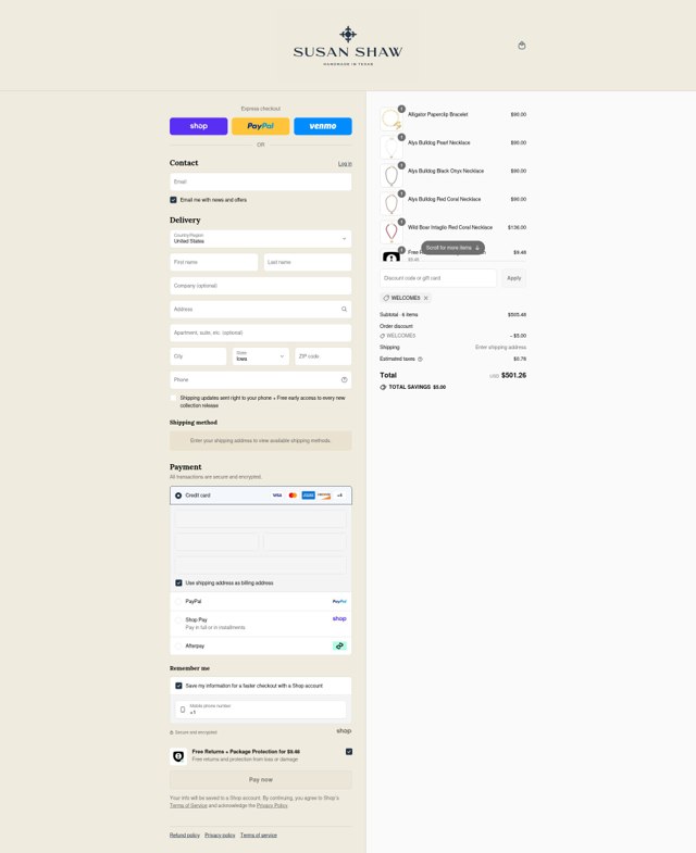 Susan Shaw checkout page showing Susan Shaw discount code box | Screenshot taken by SimplyCodes community member on Aug 29, 2025