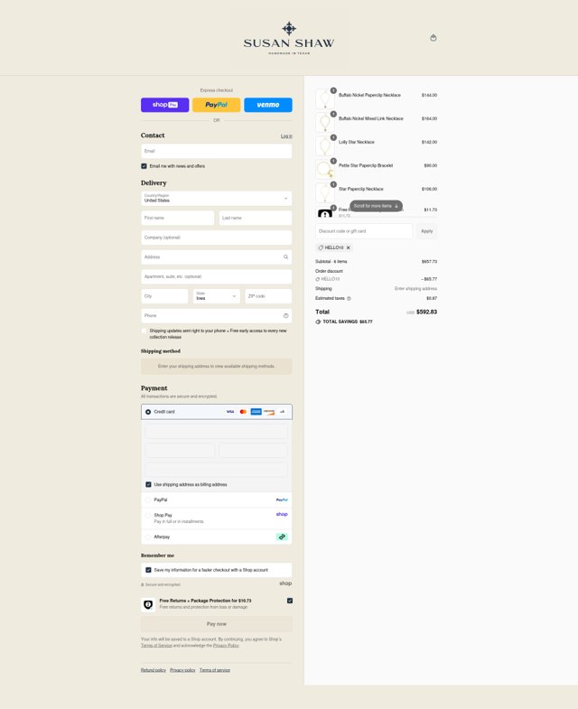 Susan Shaw Jewelry checkout page showing Susan Shaw Jewelry promo code box | Screenshot taken by SimplyCodes community member on Aug 17, 2025