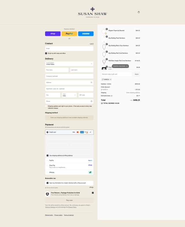 Susan Shaw Jewelry checkout page showing Susan Shaw Jewelry promo code box | Screenshot taken by SimplyCodes community member on Sep 4, 2025