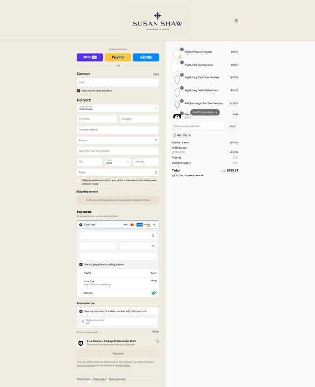 Susan Shaw Jewelry checkout page showing Susan Shaw Jewelry promo code box | Screenshot taken by SimplyCodes community member on Aug 22, 2025