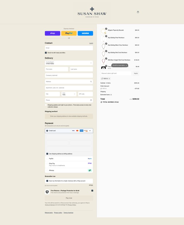 Susan Shaw Jewelry checkout page showing Susan Shaw Jewelry promo code box | Screenshot taken by SimplyCodes community member on Aug 31, 2025