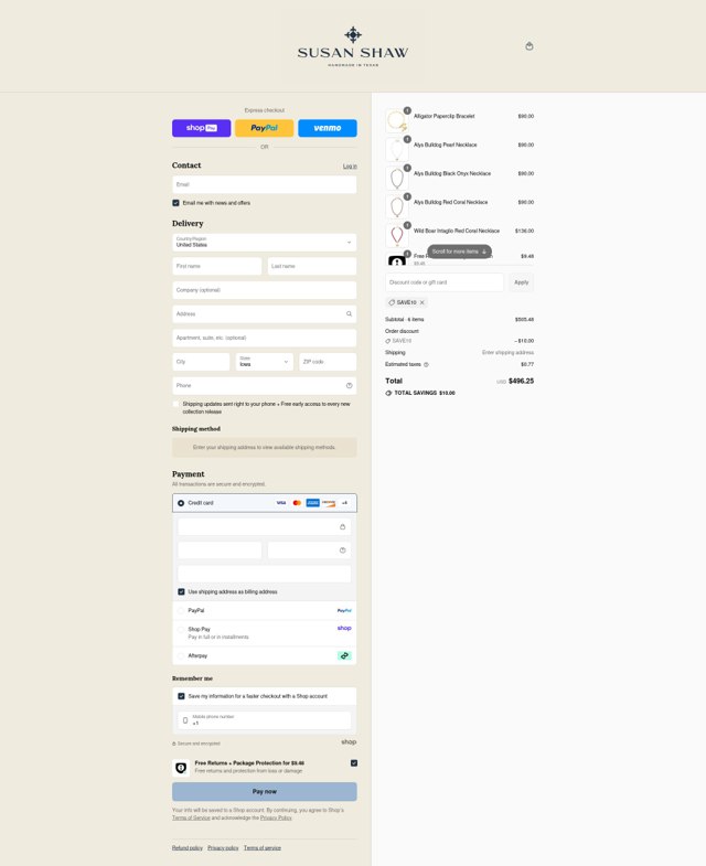 Susan Shaw Jewelry checkout page showing Susan Shaw Jewelry promo code box | Screenshot taken by SimplyCodes community member on Aug 22, 2025