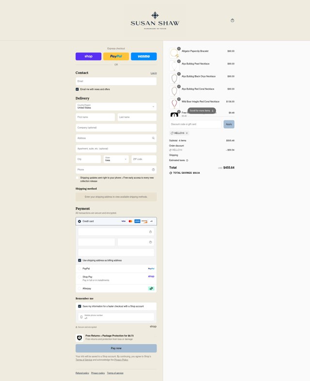Susan Shaw Jewelry checkout page showing Susan Shaw Jewelry promo code box | Screenshot taken by SimplyCodes community member on Aug 31, 2025