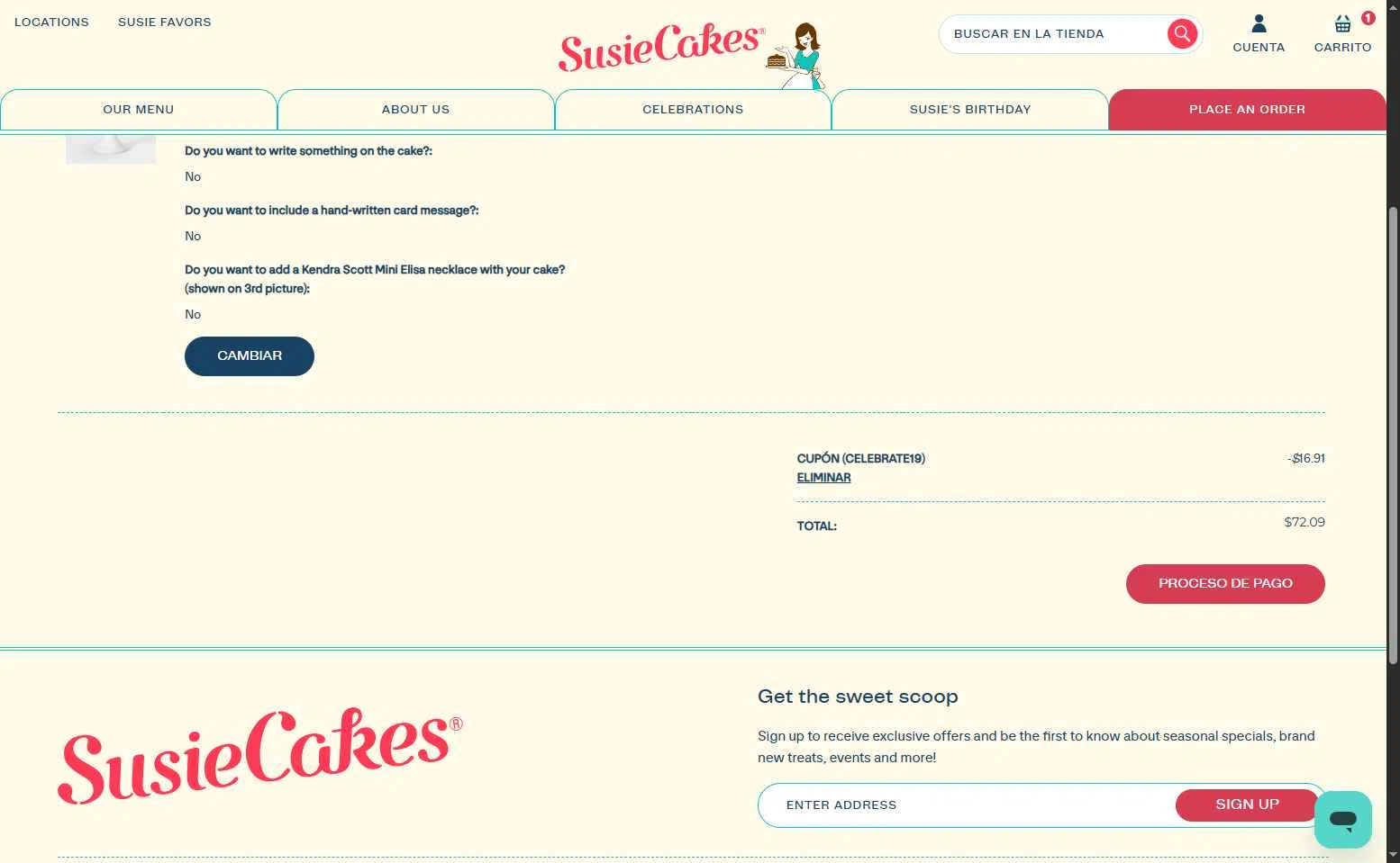 SusieCakes checkout page showing SusieCakes coupon code box | Screenshot taken by SimplyCodes community member on Jul 15, 2025