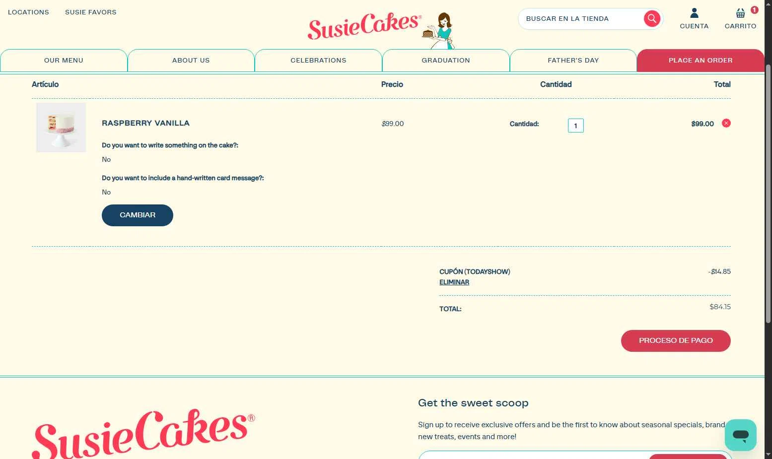 SusieCakes checkout page showing SusieCakes coupon code box | Screenshot taken by SimplyCodes community member on Jun 15, 2025