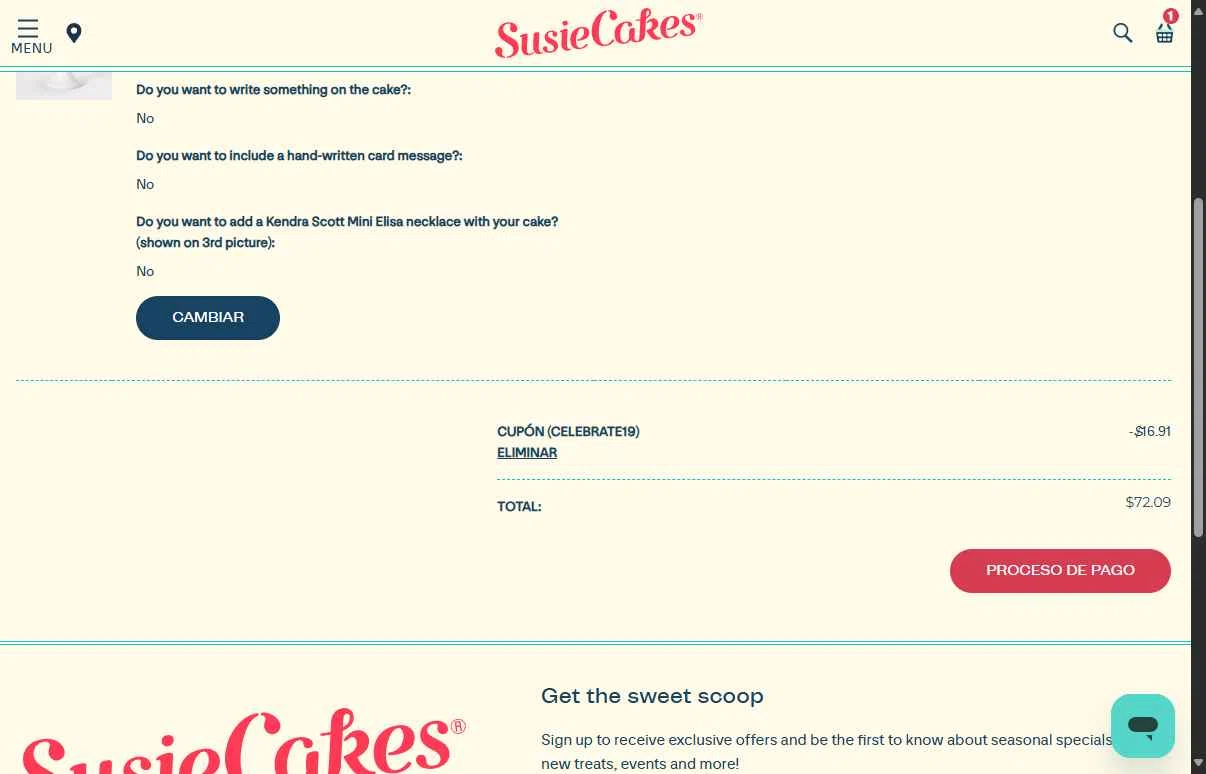 SusieCakes checkout page showing SusieCakes coupon code box | Screenshot taken by SimplyCodes community member on Jul 15, 2025