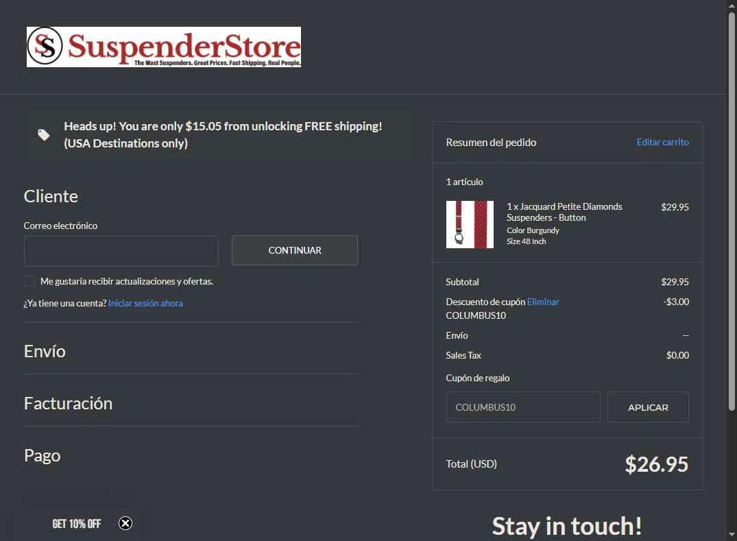 SuspenderStore checkout page showing SuspenderStore coupon code box | Screenshot taken by SimplyCodes community member on Oct 11, 2025