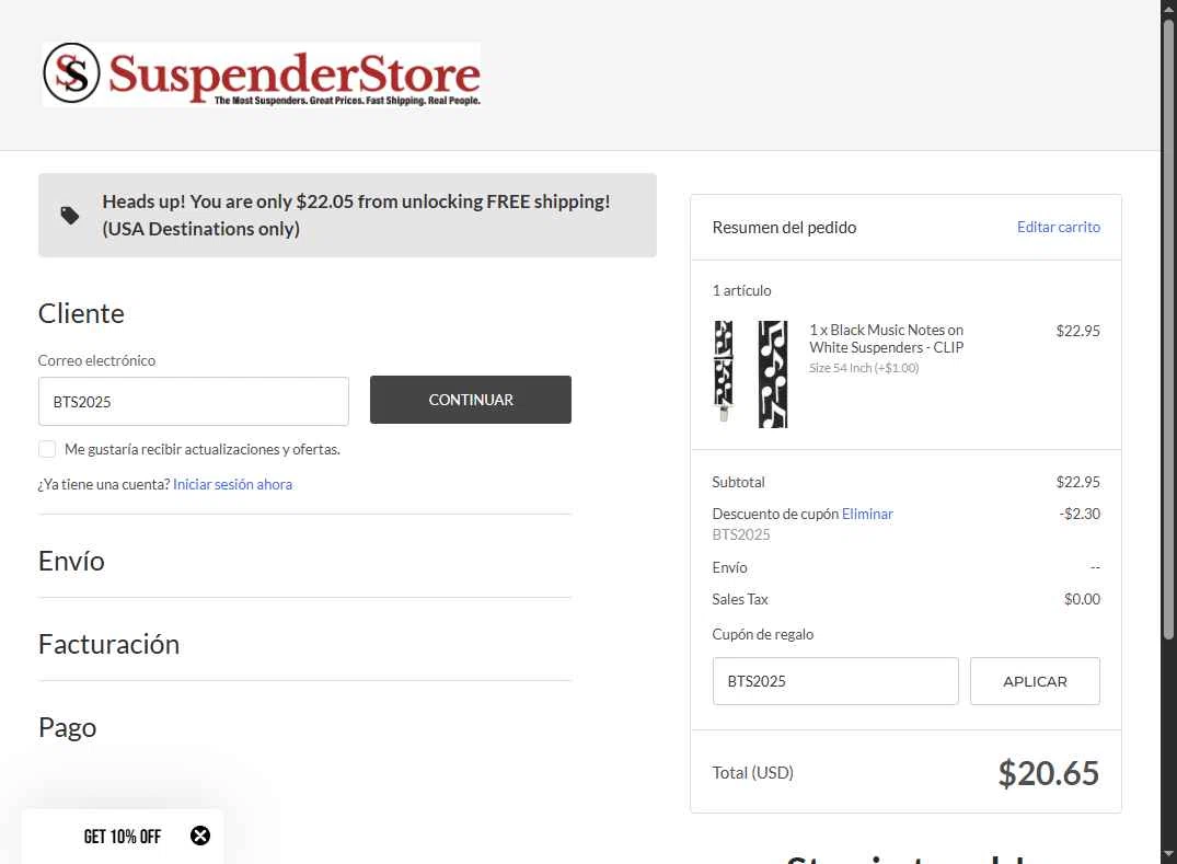SuspenderStore checkout page showing SuspenderStore coupon code box | Screenshot taken by SimplyCodes community member on Aug 9, 2025