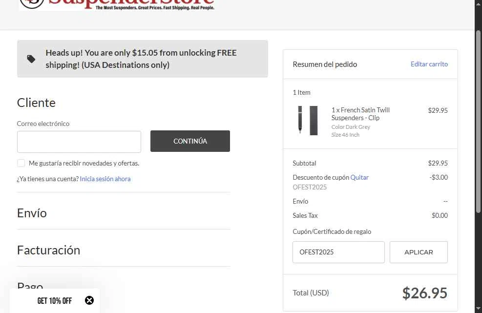 SuspenderStore checkout page showing SuspenderStore coupon code box | Screenshot taken by SimplyCodes community member on Oct 1, 2025