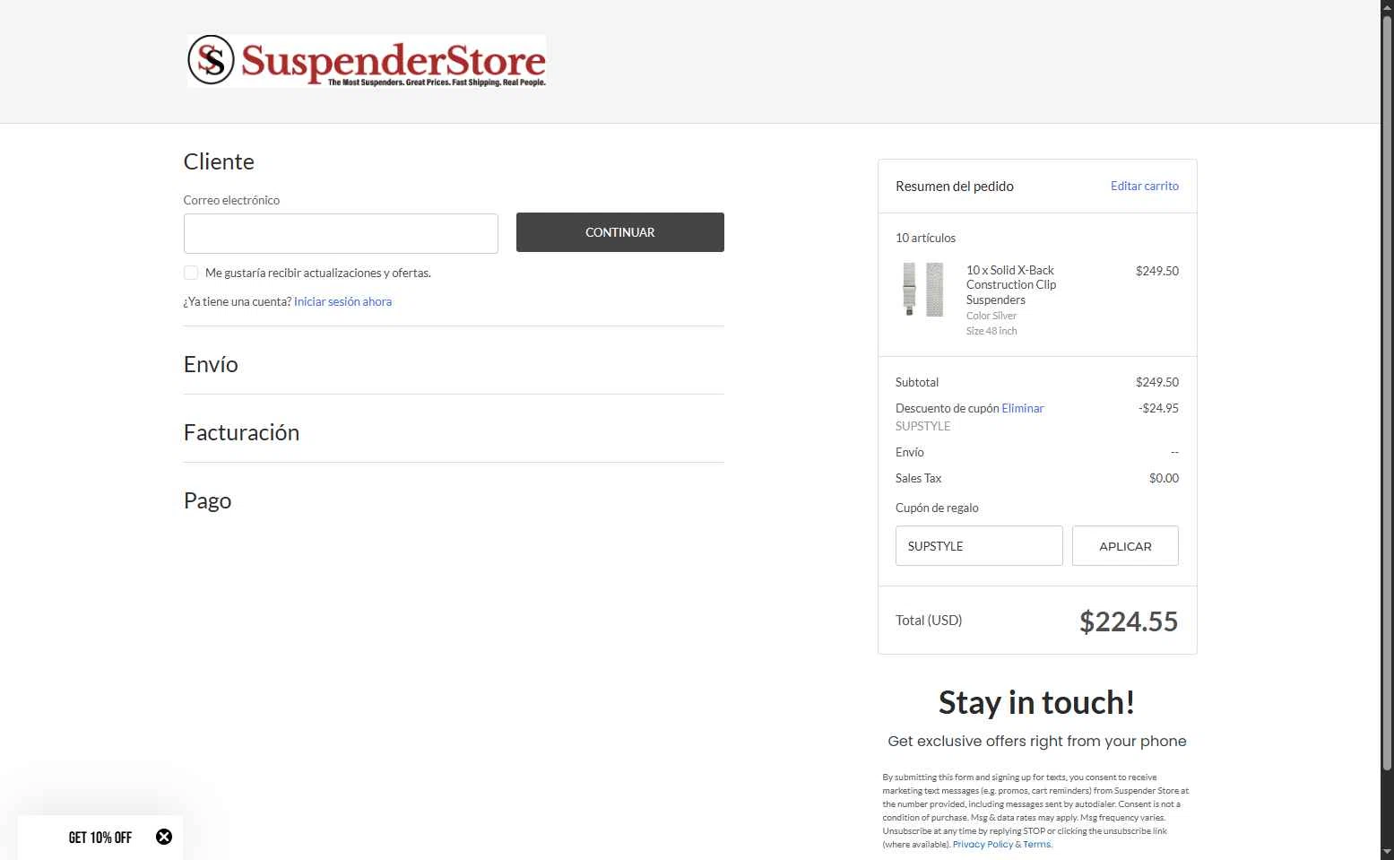 SuspenderStore checkout page showing SuspenderStore coupon code box | Screenshot taken by SimplyCodes community member on Sep 13, 2025