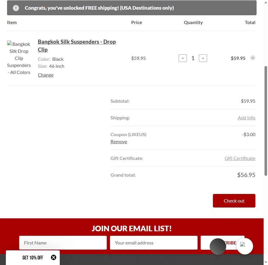 SuspenderStore checkout page showing SuspenderStore coupon code box | Screenshot taken by SimplyCodes community member on May 31, 2025