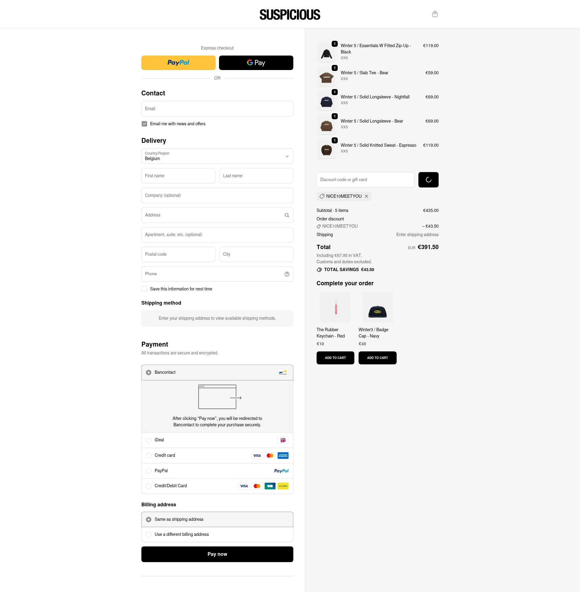 Suspicious Antwerp checkout page showing Suspicious Antwerp promo code box | Screenshot taken by SimplyCodes community member on Jan 10, 2026