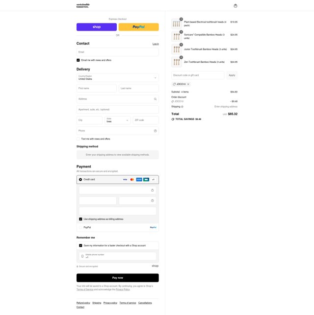 Sustainable Tomorrow checkout page showing Sustainable Tomorrow discount code box | Screenshot taken by SimplyCodes community member on Sep 4, 2025
