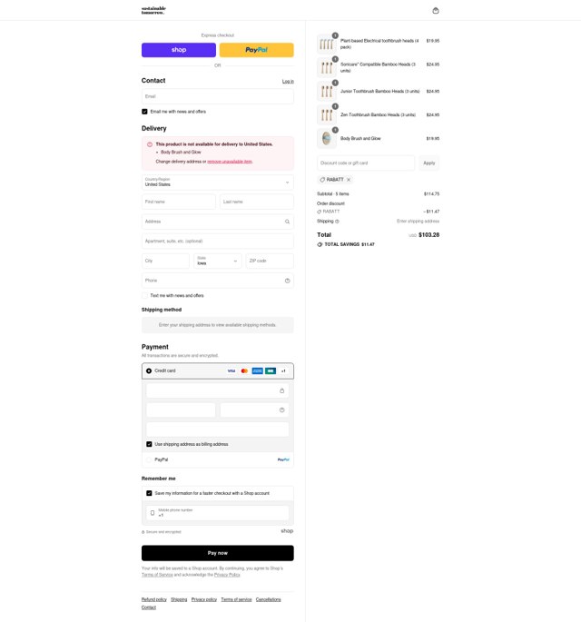 Sustainable Tomorrow checkout page showing Sustainable Tomorrow discount code box | Screenshot taken by SimplyCodes community member on Sep 4, 2025