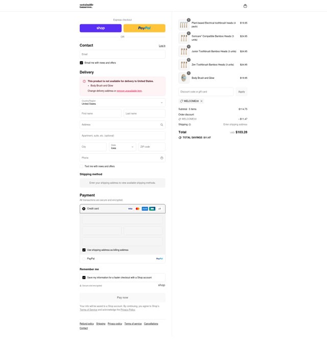 Sustainable Tomorrow checkout page showing Sustainable Tomorrow discount code box | Screenshot taken by SimplyCodes community member on Sep 4, 2025