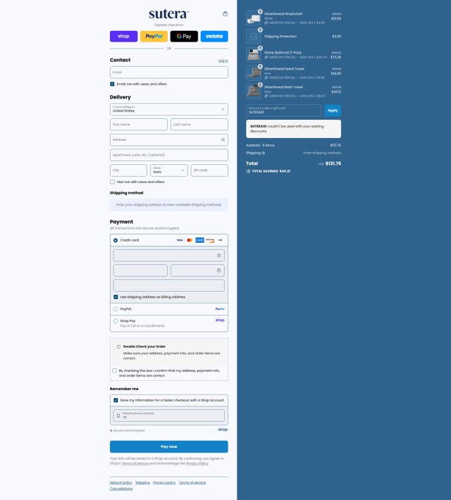 Sutera checkout page showing Sutera discount code box | Screenshot taken by SimplyCodes community member on Sep 2, 2025