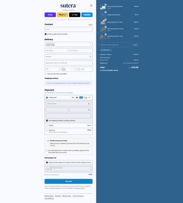 Sutera checkout page showing Sutera discount code box | Screenshot taken by SimplyCodes community member on Sep 2, 2025