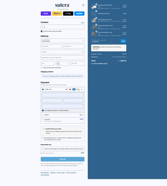 Sutera checkout page showing Sutera discount code box | Screenshot taken by SimplyCodes community member on Sep 2, 2025