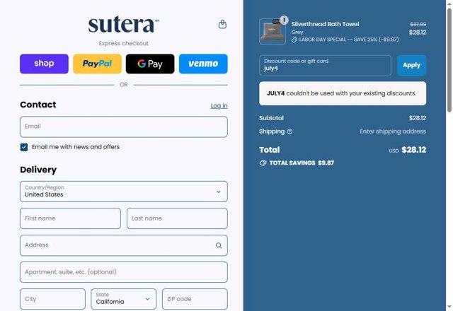 Sutera checkout page showing Sutera discount code box | Screenshot taken by SimplyCodes community member on Sep 2, 2025