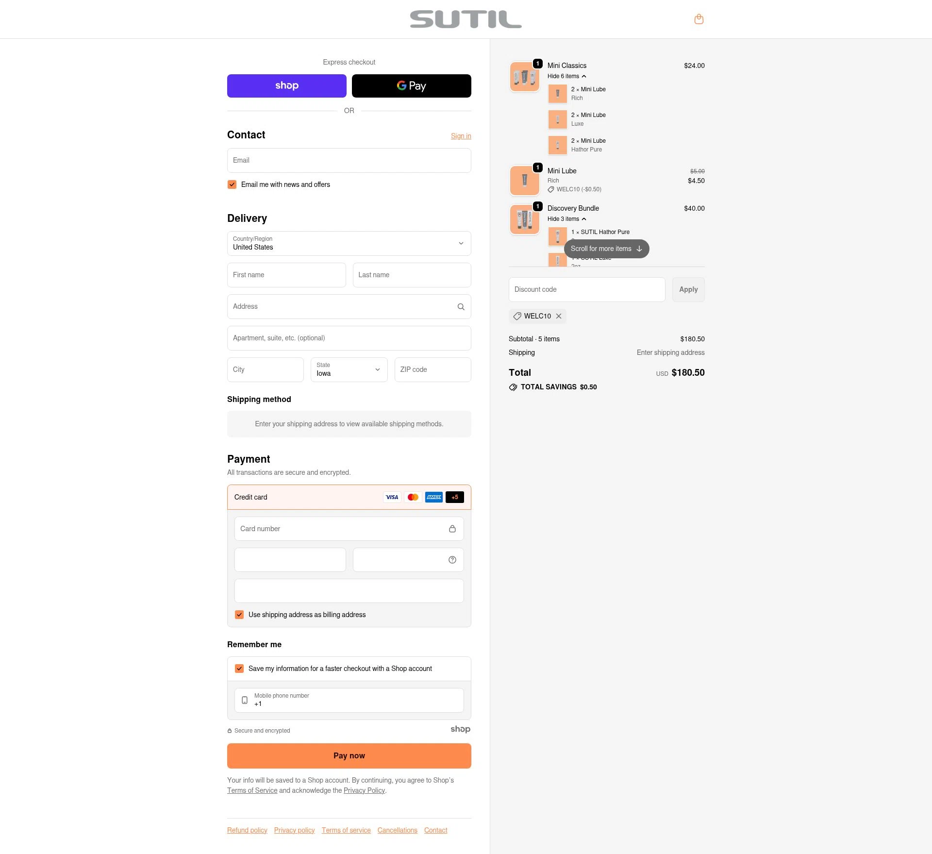 SUTIL USA checkout page showing SUTIL USA promo code box | Screenshot taken by SimplyCodes community member on Nov 15, 2025