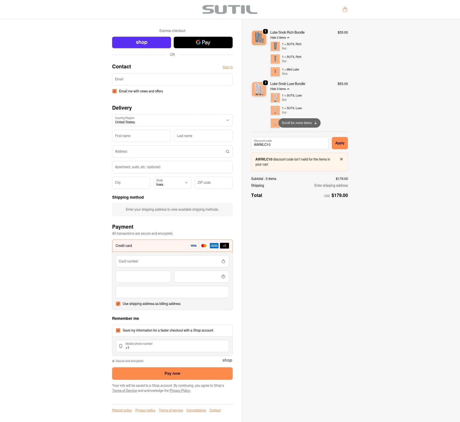 SUTIL USA checkout page showing SUTIL USA promo code box | Screenshot taken by SimplyCodes community member on Nov 20, 2025