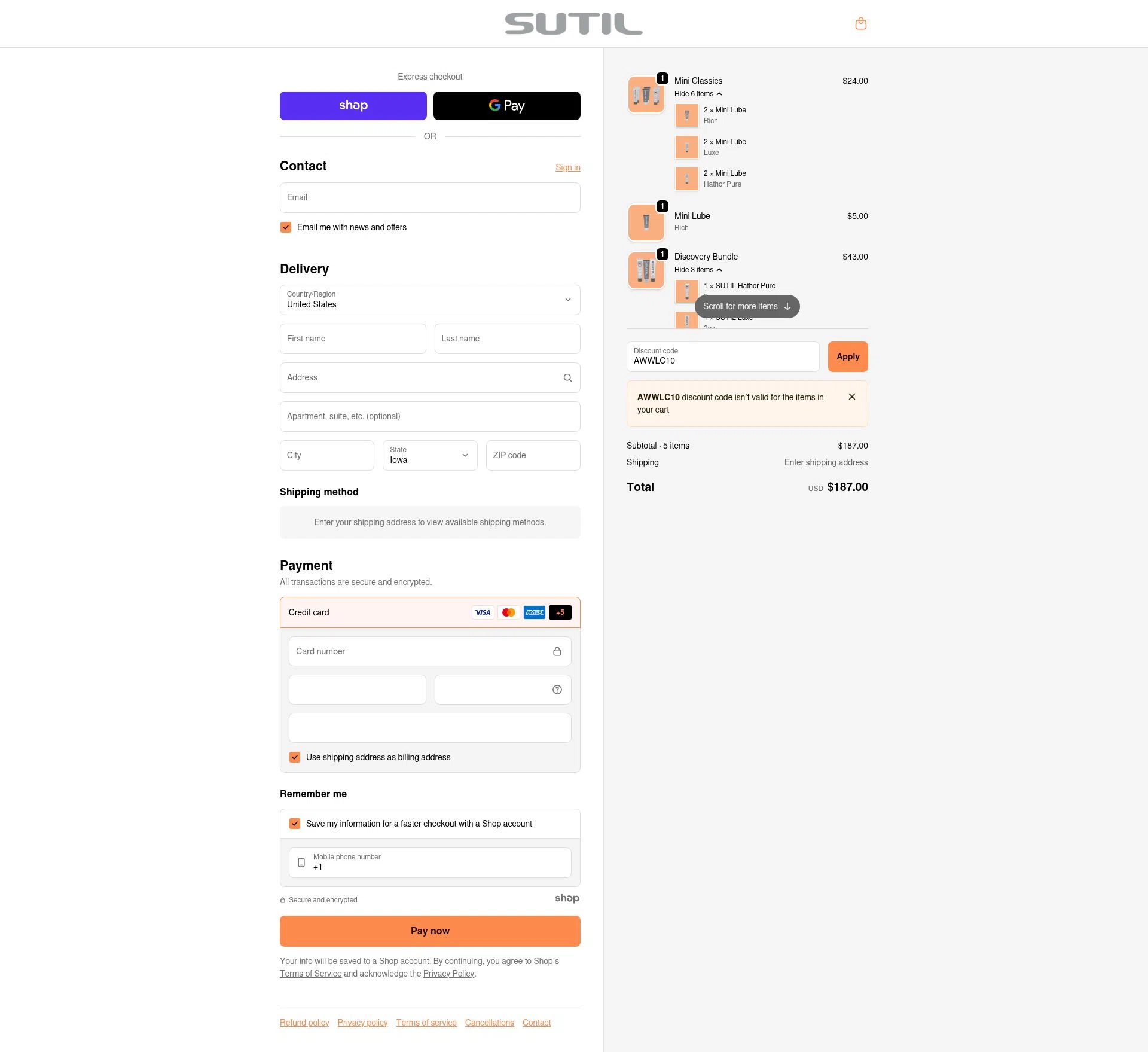 SUTIL USA checkout page showing SUTIL USA promo code box | Screenshot taken by SimplyCodes community member on Nov 10, 2025