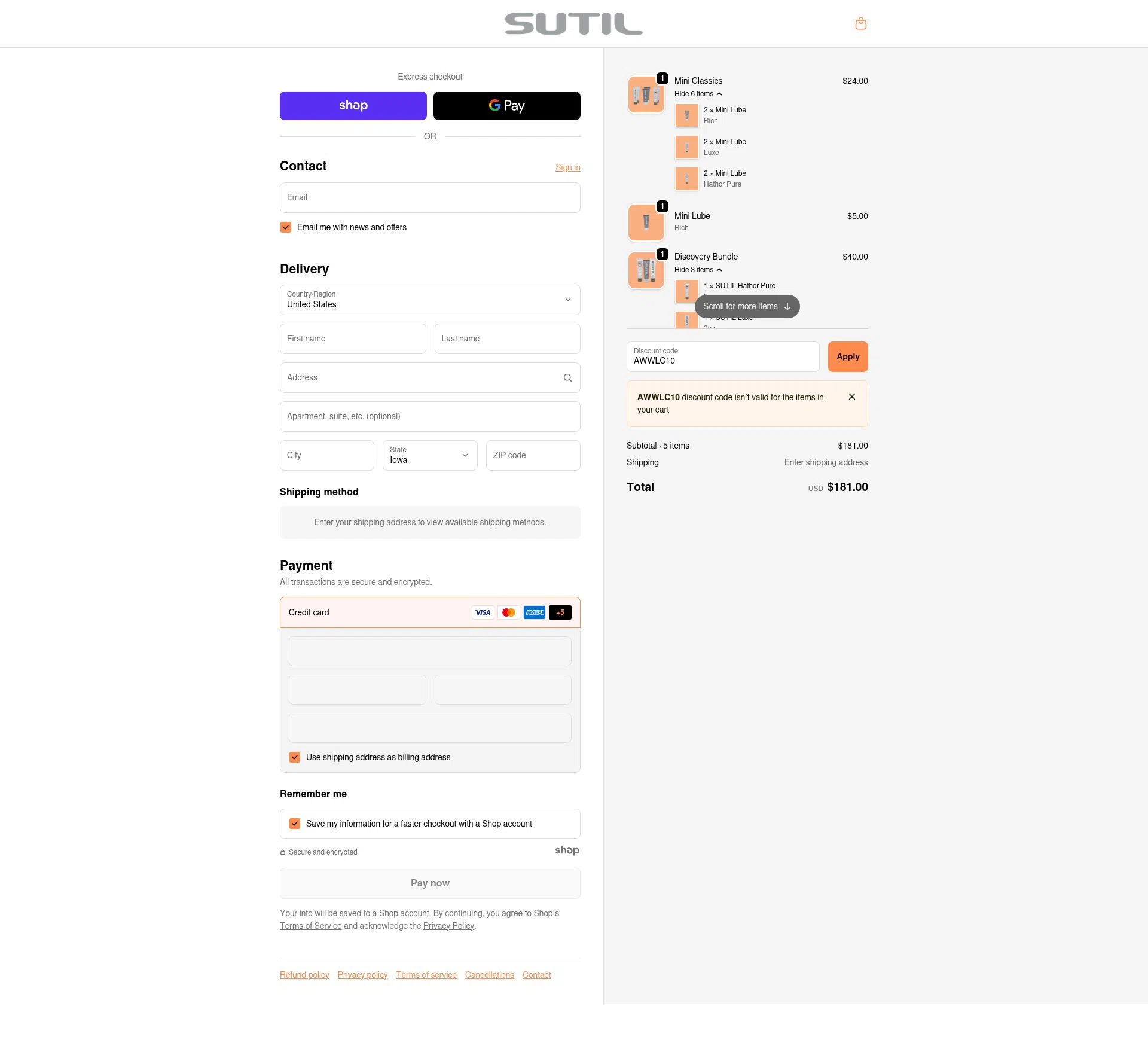 SUTIL USA checkout page showing SUTIL USA promo code box | Screenshot taken by SimplyCodes community member on Nov 15, 2025