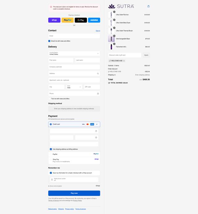 Sutra Beauty checkout page showing Sutra Beauty promo code box | Screenshot taken by SimplyCodes community member on Sep 11, 2025